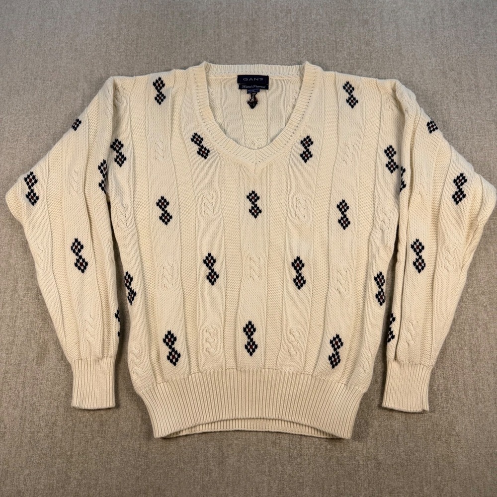 Gant Sweater Men Medium Cream V-Neck Cable Knit Geometric Cotton